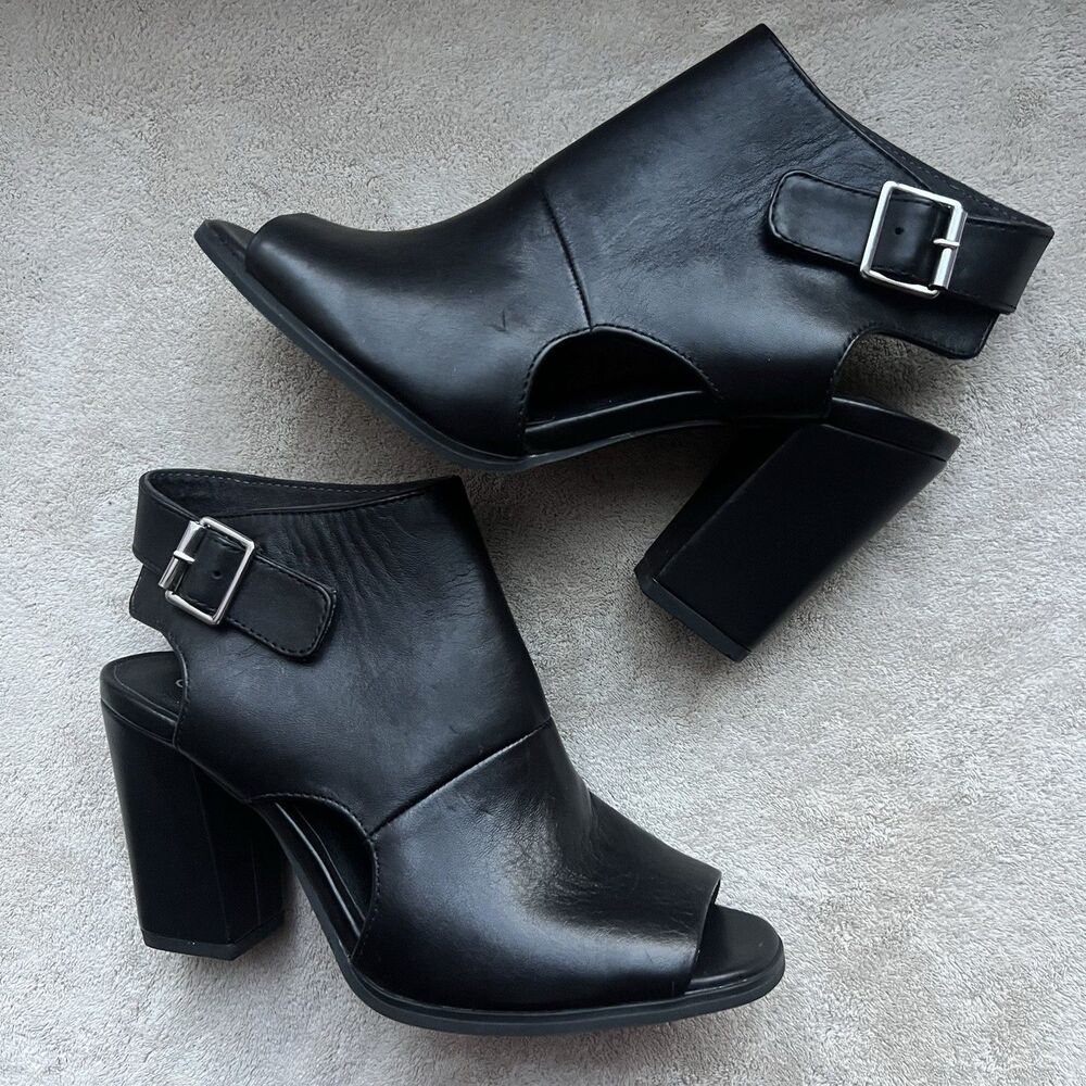 NEW Seychelles Battery‎ Black Leather Open Toe Block Heel Bootie Sandals Women 6